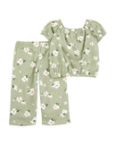 Conjunto longo infantil 2 peças texturizada floral verde