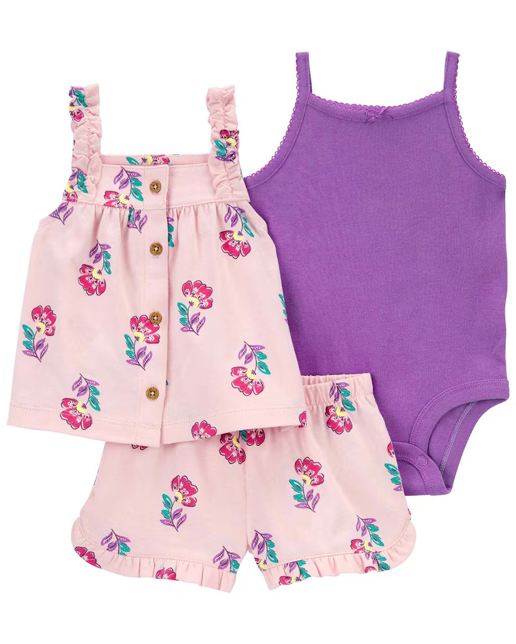 Conjunto curto bebê 3 peças floral com elástico multicor | Carter's