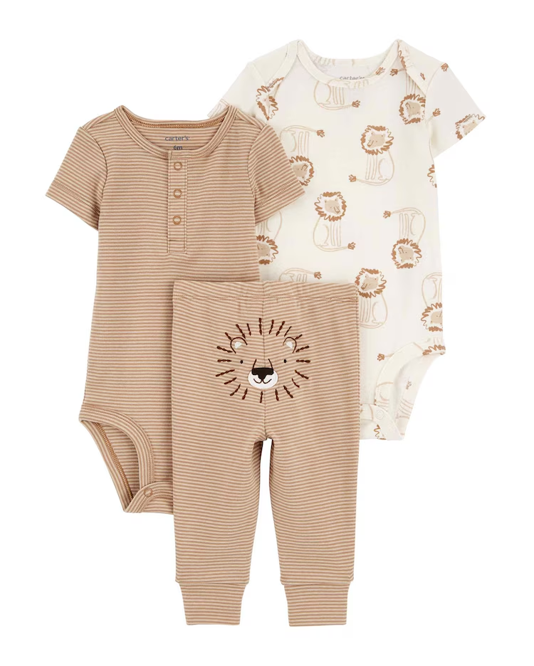 Conjunto longo bebê 3 peças com elástico de leão multicor |