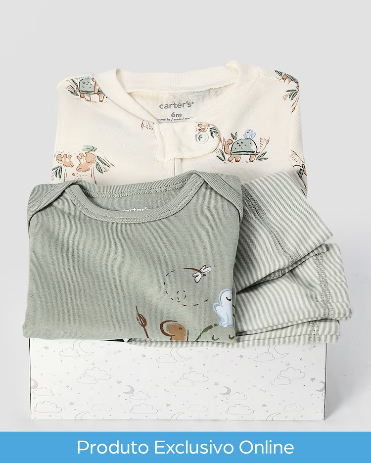 Kit conjunto longo bebê 3 peças tartaruga com listras + caixa presente P nuvens multicor |