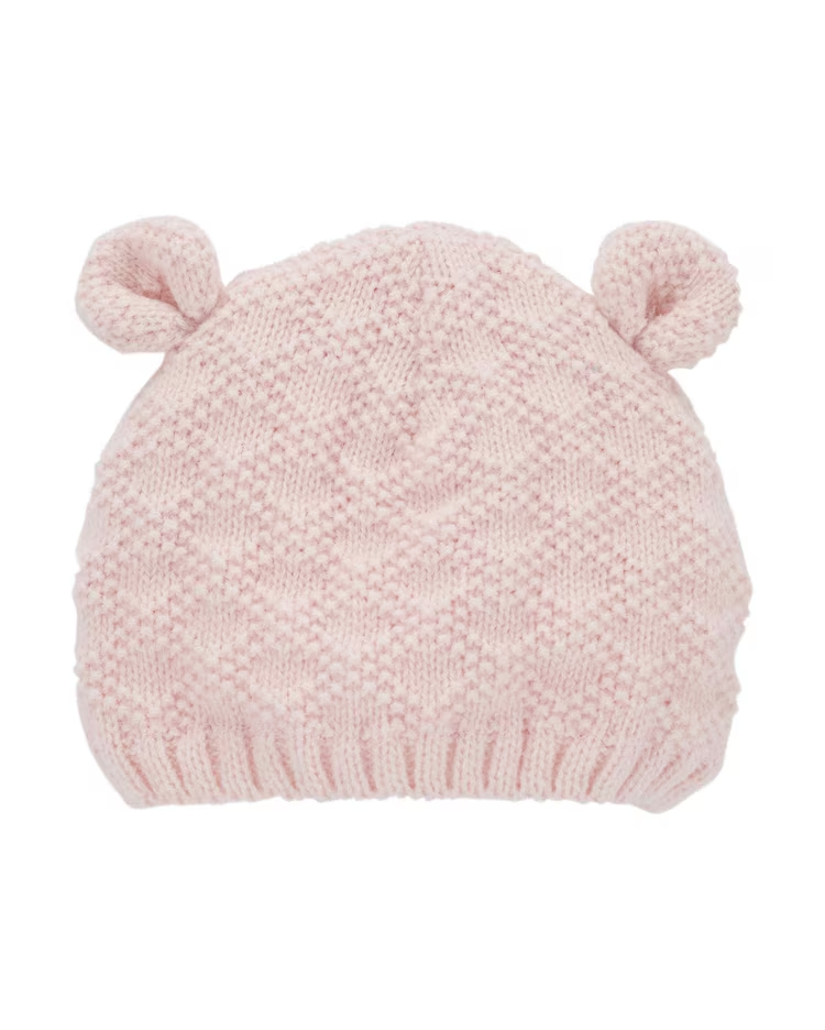 Touca bebê de tricô com orelha rosa