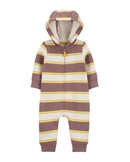 Macacão bebê listrado com capuz bege |